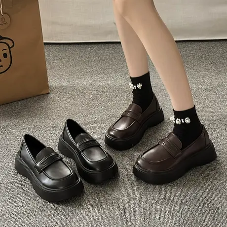 厚底乐福鞋女2024新款女鞋春秋季英伦风一脚蹬小皮鞋女款jk单鞋子图片