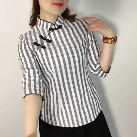 民国风夏新款复古原创格子短款旗袍上衣中式改良修身唐装女茶艺服图片