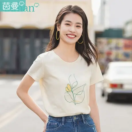 茵曼2023夏装新款短袖T恤圆领纯棉文艺绣花修身显瘦百搭上衣商品大图