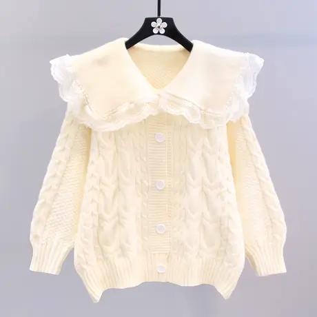 蕾丝边娃娃领毛衣外套女秋冬2022新款宽松慵懒风洋气软糯针织开衫图片