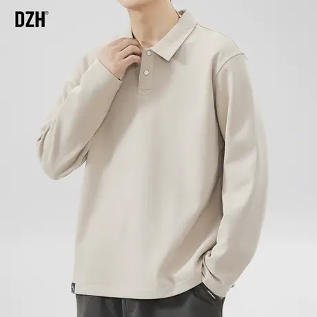 男士杏色休闲长袖polo衫男高级感秋冬男装t恤上衣男款宽松卫衣潮商品大图
