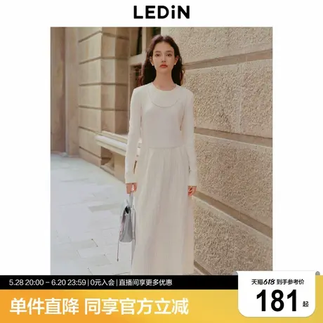 乐町假两件拼接连衣裙女冬季新款白色简约打底裙磨毛蕾丝长裙商品大图