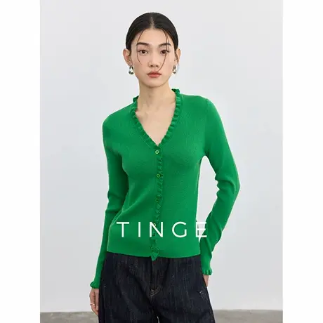 TINGE贴己木耳边V领纯色优雅针织衫女25年春装新款长袖开衫上衣图片