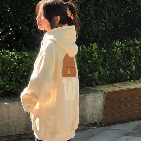 连帽卫衣外套女秋冬2023新款潮牌宽松加绒加厚小个子美式复古上衣商品大图