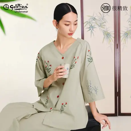金利来新中式纯棉家居服女2025新款夏季薄款七分袖印花睡衣裤套装商品大图