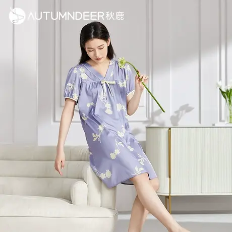 秋鹿仿真丝睡裙夏季女半袖V领简约印花连衣裙中长款南韩丝女裙子商品大图