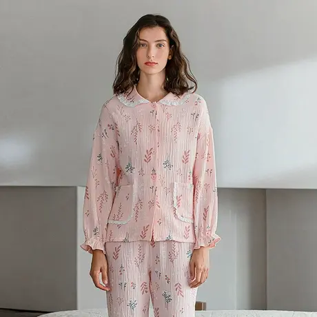 秋鹿【清仓仅剩大码】棉纱睡衣女碎花开衫花边纯棉纱布家居服春秋商品大图
