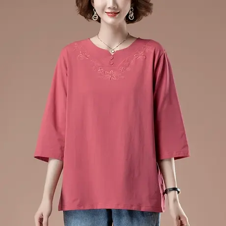 七分袖t恤女春夏加肥加大码女装宽松中年妈妈纯棉显瘦中袖打底衫商品大图