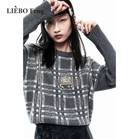 裂帛LIEBOFeng原创设计chic高街时髦灰色格纹简约慵懒风长袖毛衣图片