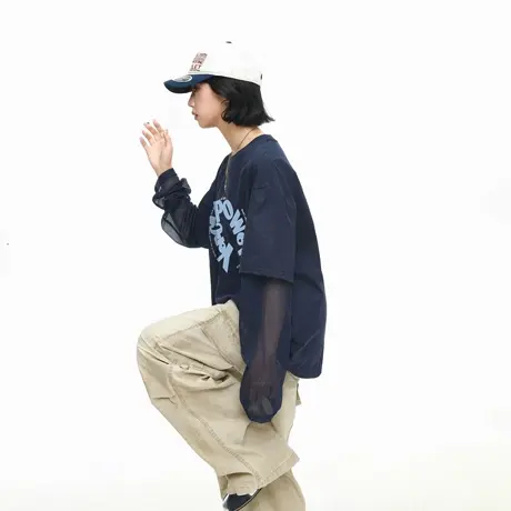 美式潮牌网纱拼接假两件设计长袖T恤女秋季新款宽松显瘦套头上衣商品大图