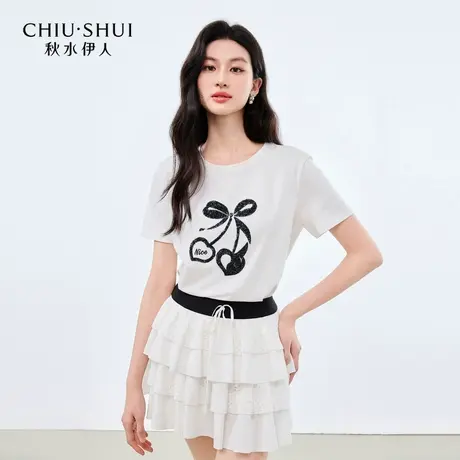 【悟空粉丝专享】秋水伊人白色短袖女t恤上衣 夏圆领正肩打底衫图片