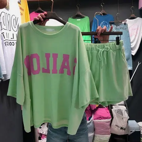 2023春夏季新款时尚休闲运动套装女学生潮韩版宽松短袖短裤两件套图片