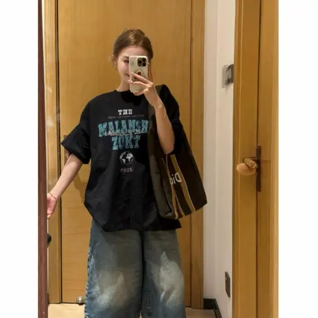 纯棉美式复古高街黑色短袖t恤女夏季潮牌宽松设计感小众半袖上衣图片