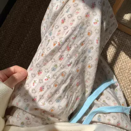 新品~复古小碎花全棉磨毛抽绳睡裤亲肤柔软女家居裤宽松带口袋商品大图