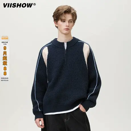 VIISHOW美式复古撞色拼接针织毛衣男潮牌情侣拉链宽松休闲外套商品大图