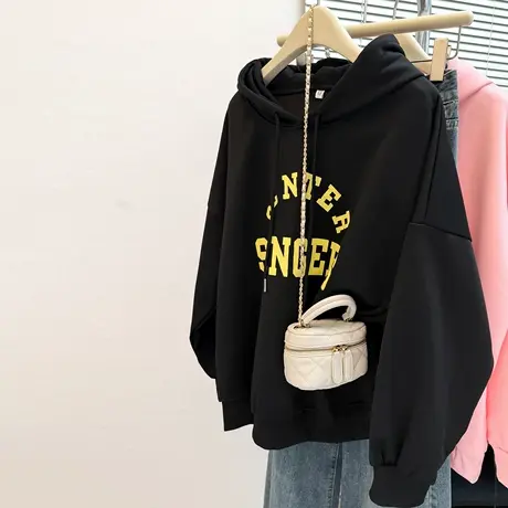 黑色卫衣女春秋薄款宽松韩版潮学生长袖上衣带帽套头秋冬加绒外套商品大图