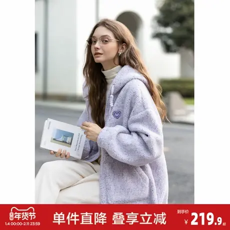 唐狮2026外套秋冬小众温柔淑女连帽左胸细节点子纱羊羔毛女外套商品大图