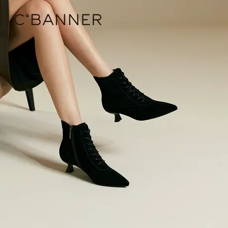 千百度豹纹时尚尖头中跟时装靴女冬季新款细高跟女靴羊皮短靴图片