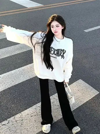 无帽圆领卫衣女秋冬加绒宽松慵懒风小众设计感oversize长袖上衣潮商品大图