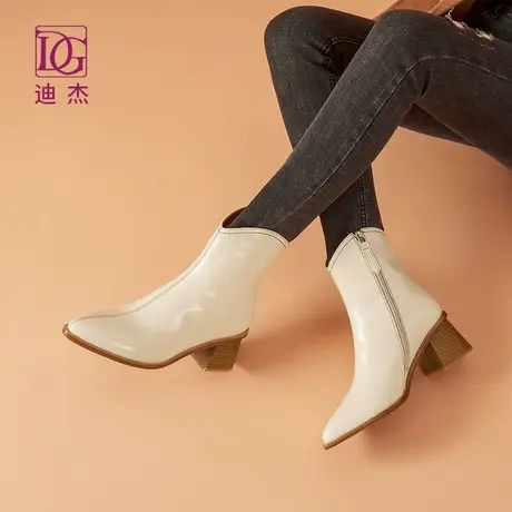 DG真皮黑色尖头粗跟短靴女高跟新款秋冬瘦瘦皮靴踝靴商品大图