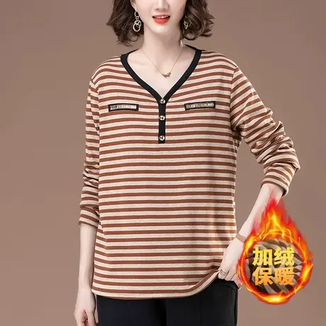 v领条纹长袖T恤女秋冬加厚宽松加肥加大码中年妈妈内搭加绒打底衫商品大图
