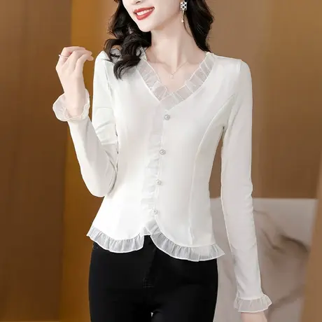 白衬衫女打底衫2023秋冬新款长袖气质修身显瘦高级感好看小衫加绒商品大图