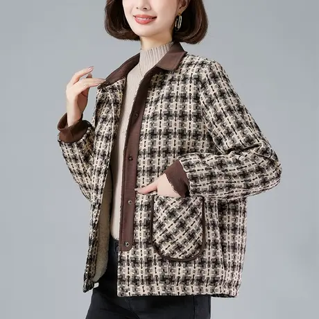 妈妈秋冬季洋气外套女宽松加大码女装中老年休闲减龄格子夹克上衣商品大图