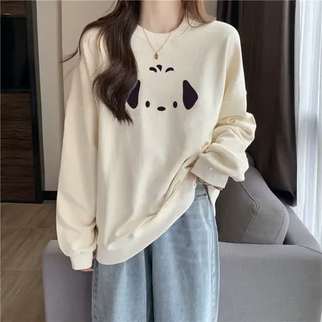 oversize圆领套头卫衣女春秋冬加绒加厚宽松韩版上衣外套慵懒风商品大图