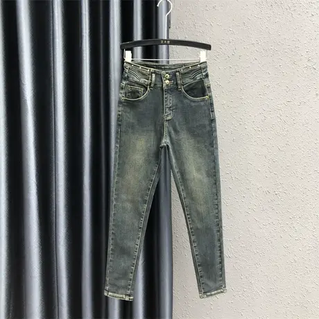 韩版铅笔裤女23秋冬新款个性贴布复古高腰小众百搭牛仔加绒九分裤商品大图