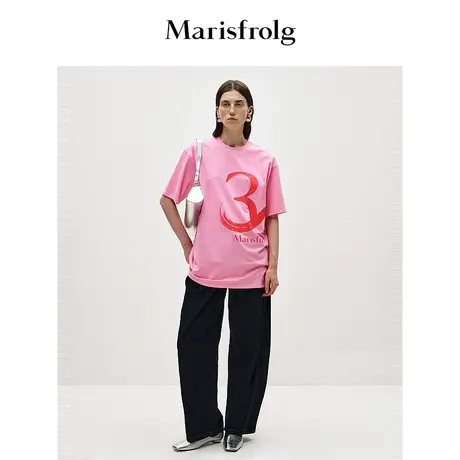 【商场同款】玛丝菲尔30周年2023新款粉色圆领撞色时尚宽松T恤图片
