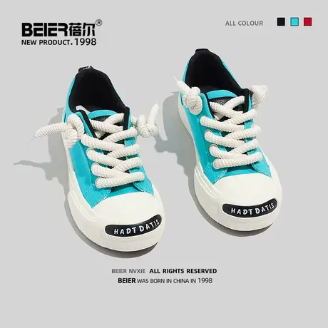 蓓尔湖蓝色帆布鞋女2023年新款春夏百搭小众透气开口笑休闲板鞋子商品大图