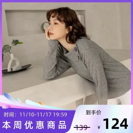 桔熊秋冬通勤保暖坑条针织衫设计感翻领舒适上衣女装大码AB18034图片