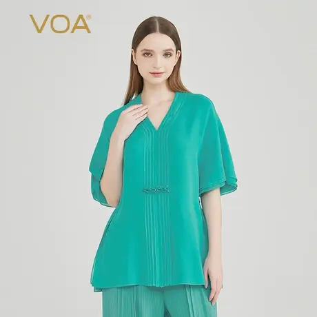 VOA桑蚕丝三层乔其纱光蓝色V领木耳花蝙蝠袖宽松腰直筒真丝T恤衫图片
