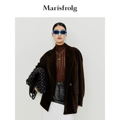 【美利奴羊毛衫】玛丝菲尔冬季新款褐色竖直坑条修身针织衫图片