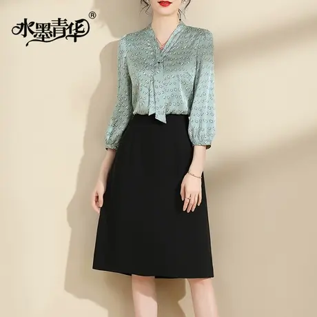 水墨青华时尚百搭缎面印花拼接连衣裙2024新款春装气质假两件套裙商品大图