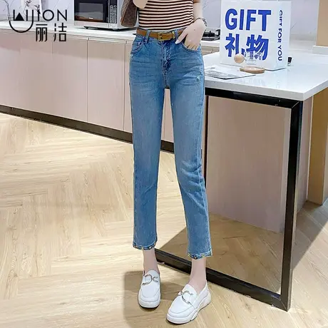 丽洁破洞牛仔裤女秋季九分裤2023新款烟管裤小个子裤子黑色直筒裤商品大图