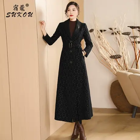 高端气质黑色复合蕾丝风衣女2024年春秋新款单排扣中长款大衣外套图片