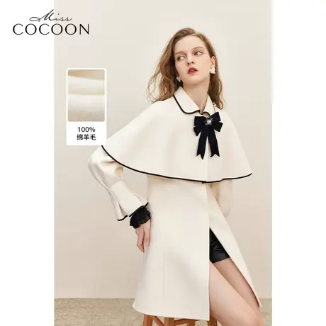 MISSCOCOON浪漫气质感2023冬装新款女荷叶边撞色设计感毛呢外套图片