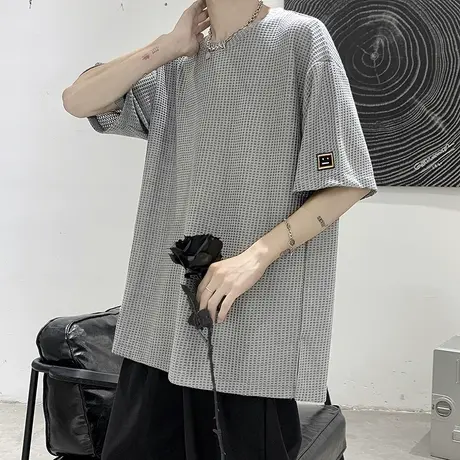 华夫格短袖t恤男港风休闲百搭开叉上衣夏季薄款设计感贴标半袖潮商品大图