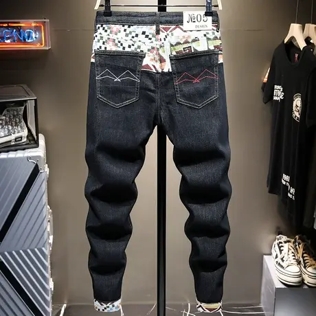 夏季薄款黑色潮牌刺绣牛仔裤男宽松直筒百搭男士休闲长裤子男弹力商品大图