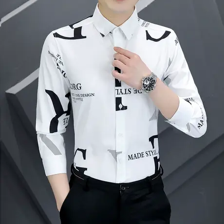 高级设计感不规则印花字母衬衫男长袖春秋季ins个性痞帅修身衬衣商品大图