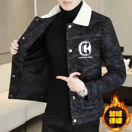 ins带毛领冬季鹿皮绒外套男士加绒加厚潮流翻领夹克冬装短款风衣商品大图