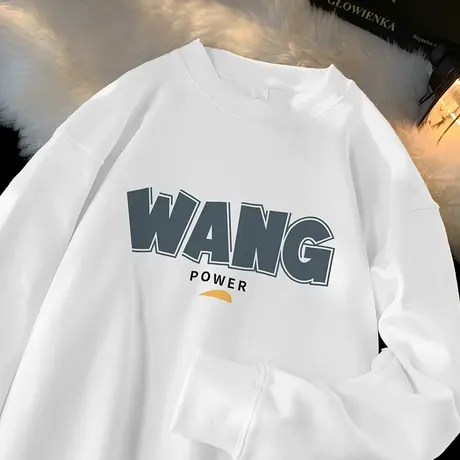 350g重磅卫衣男秋冬款潮流字母印花白色上衣服长袖t恤圆领打底衫图片
