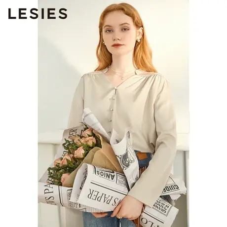 LESIES蓝色倾情春秋装新V领蕾丝设计感丝滑手感长袖淑女上衣图片