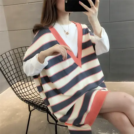 2023春季韩版V领无袖中长款撞色背心宽松休闲百搭bf风条纹马甲女图片