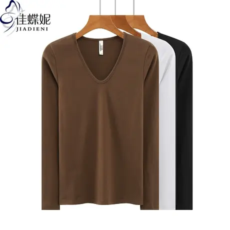 春秋新款韩版纯棉修身显瘦纯色圆领简约长袖体恤内搭上衣女打底衫图片