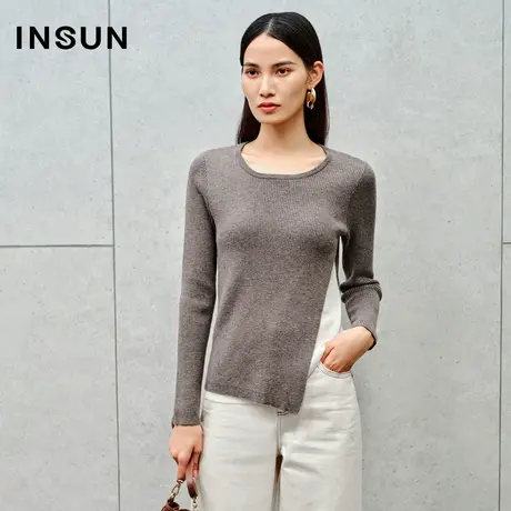 INSUN恩裳线上专选冬季假两件撞色坑条修身针织衫商品大图