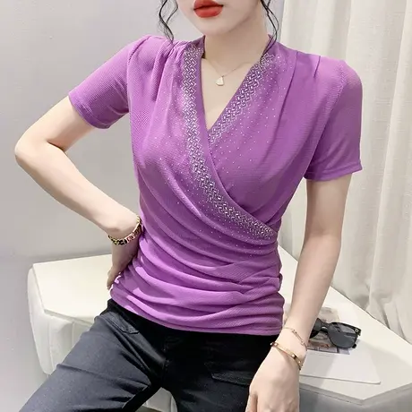 性感网纱上衣女短袖欧货气质交叉V领小衫时尚别致烫钻T恤设计感夏图片