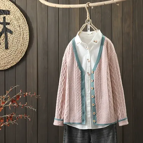 枫谜21年秋冬新款文艺简约针织麻花毛衣女宽松V领单排扣针织外套图片