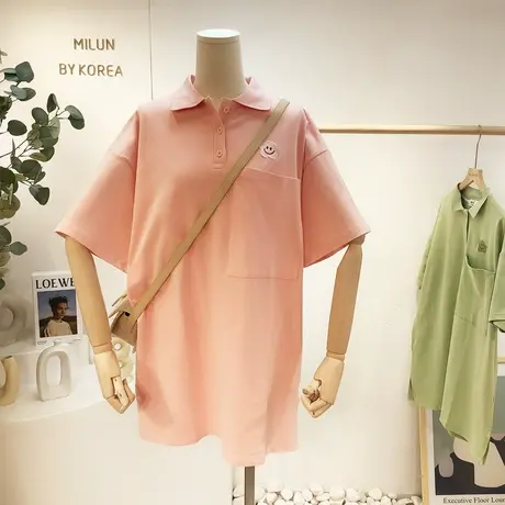 原宿风港味polo领连衣裙韩国东大门ins粉色短袖T恤裙宽松休闲大码图片